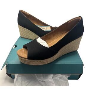 TOMS Black Canvas Espadrille Wedge Sandals Women’s 10 Peep Toe Slip On Rania